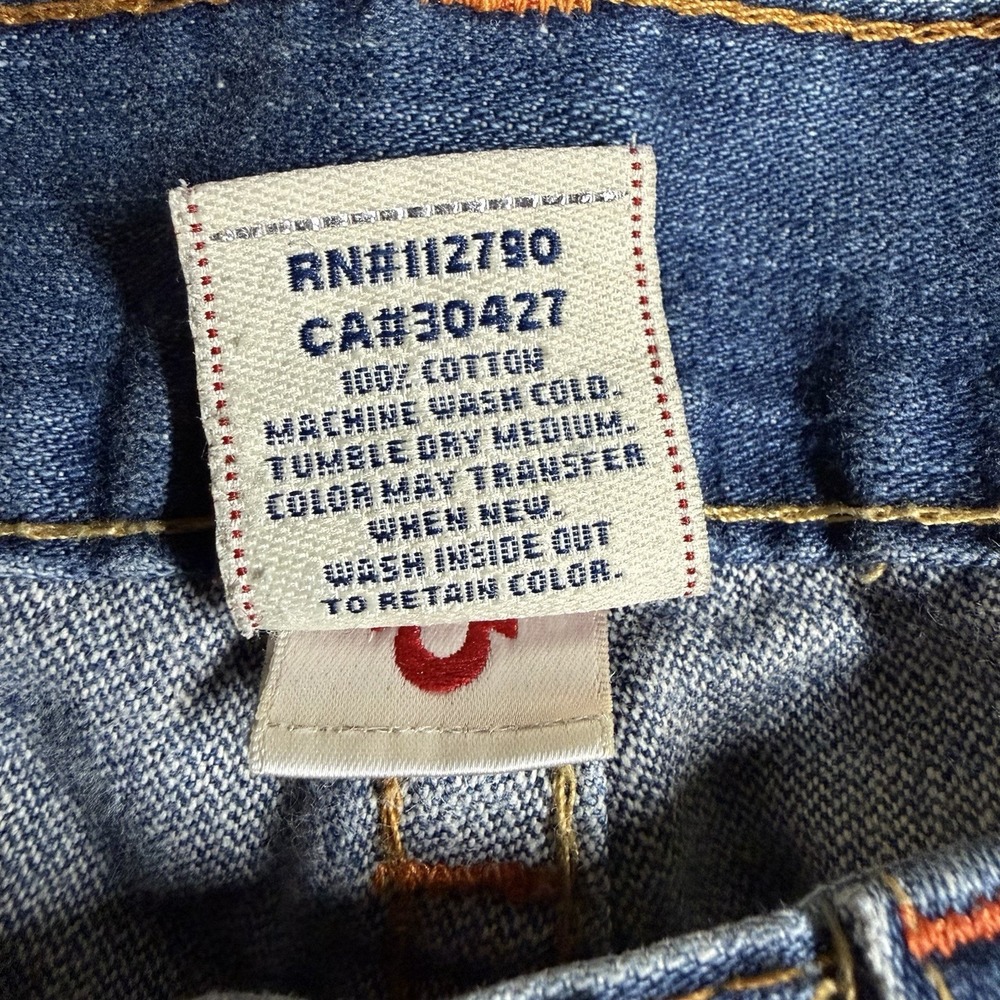 True Religion Mens Jeans 33x31 Y2K Distressed Embroidered Red Orange Full Pocket - Picture 7 of 9